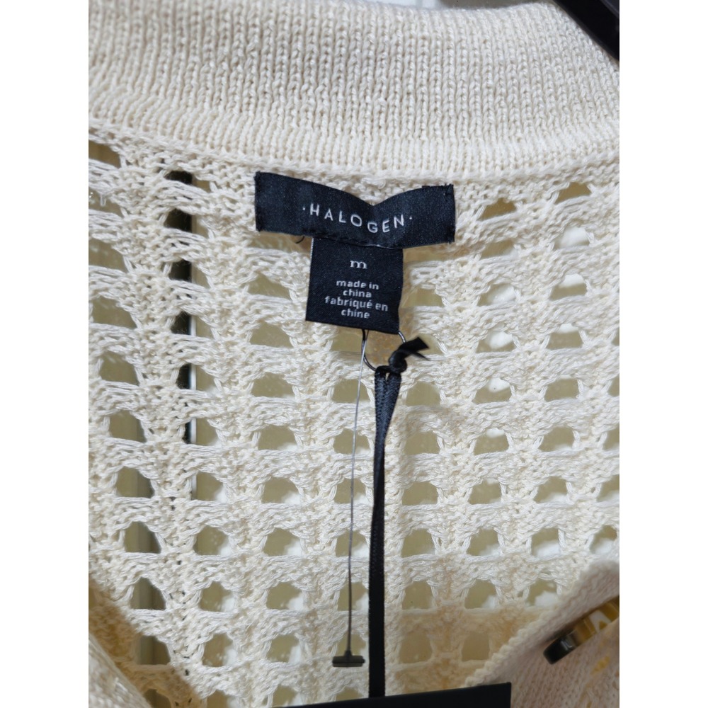 Halogen Womens Cream Open Knit Mesh Cardigan Sweater Polo Collar Size M NWT - Picture 3 of 8